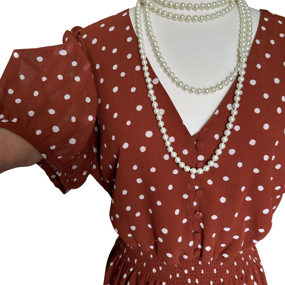 Madewell White Polka Dot Smocked Mini Dress Rust Brown XL Button Front V Neck - Picture 4 of 10